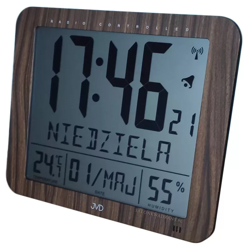 Brązowy zegar cyfrowy JVD DH9335.2 Dni tygodnia PL Radio control