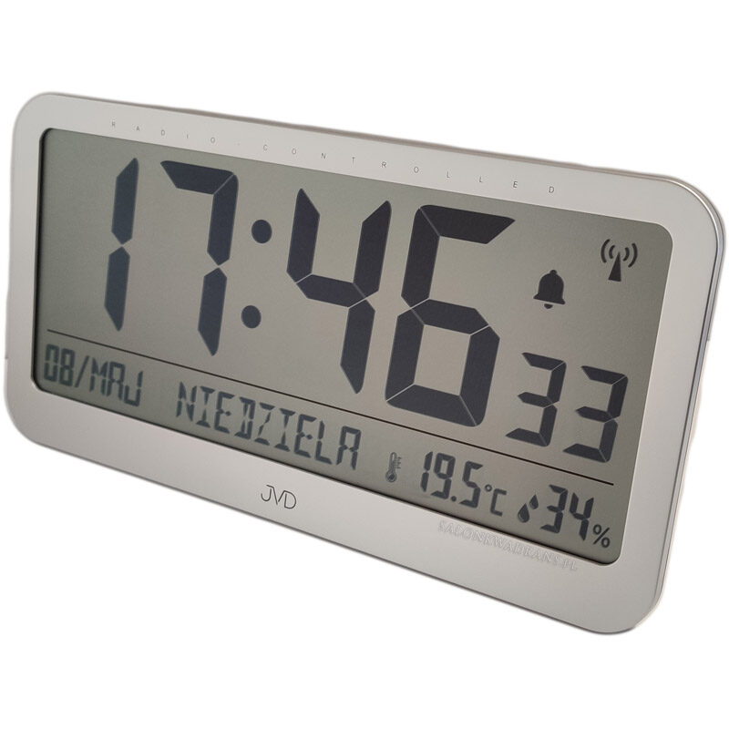 Srebrny cyfrowy zegar JVD RB9359.2 Język Polski Data temperatura