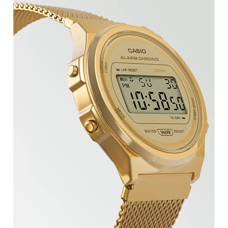 Zegarek Casio A171WEMG-9AEF Vintage Gold złoty cyfrowy klasyczny zegarek unisex led na meshowej bransolecie