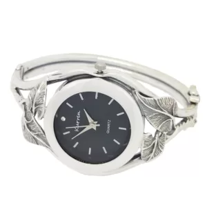 Zegarek Srebrny Czarna tarcza z liścikami AG 925 ZS018 Zegarek damski ze srebra z czarną tarczą