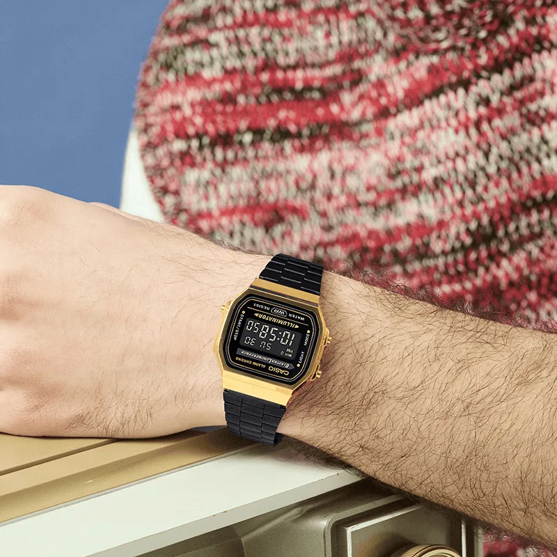Zegarek Casio A168WEGB-1BEF Vintage Czarny złoty cyfrowy klasyczny zegarek unisex Illuminator